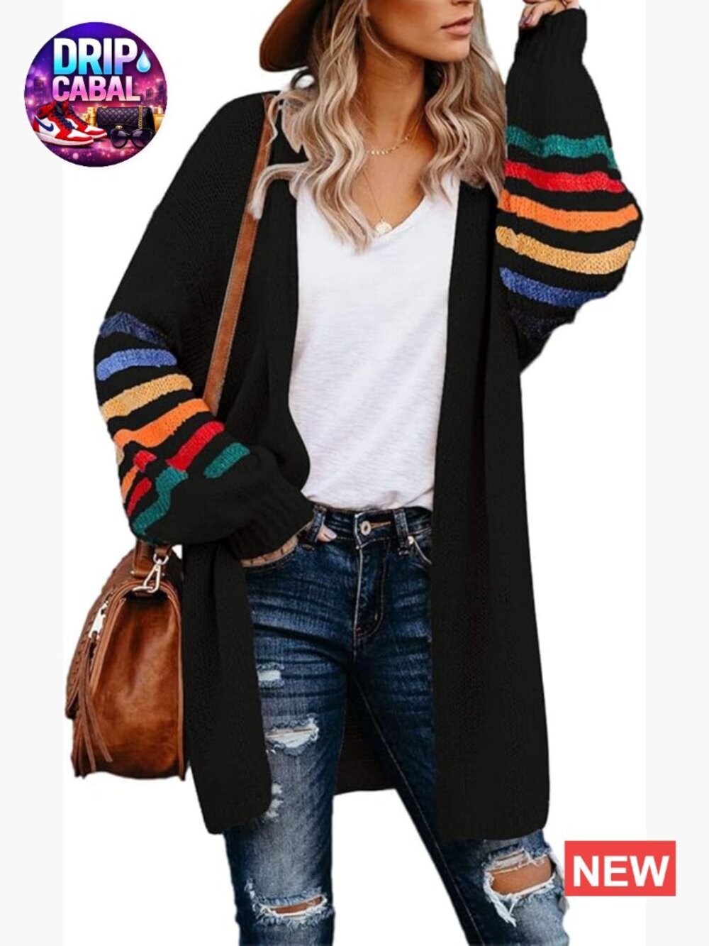 Long Open Front Cardigan Striped Color Block Loose Knit Sweater